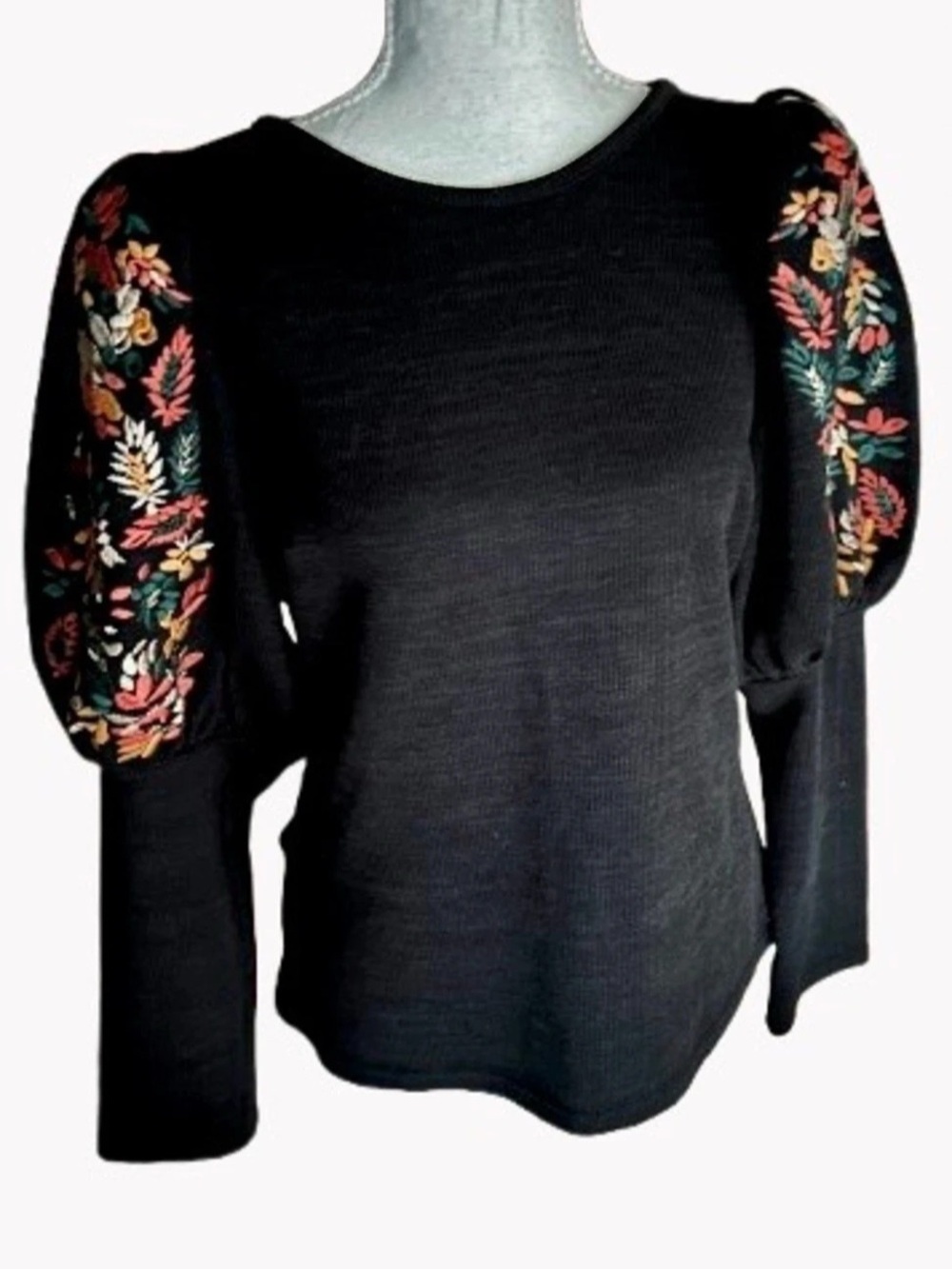 Puffy Sleeve THML Top Floral Medium Boho embroidered Bohemian Appliqué long Tee